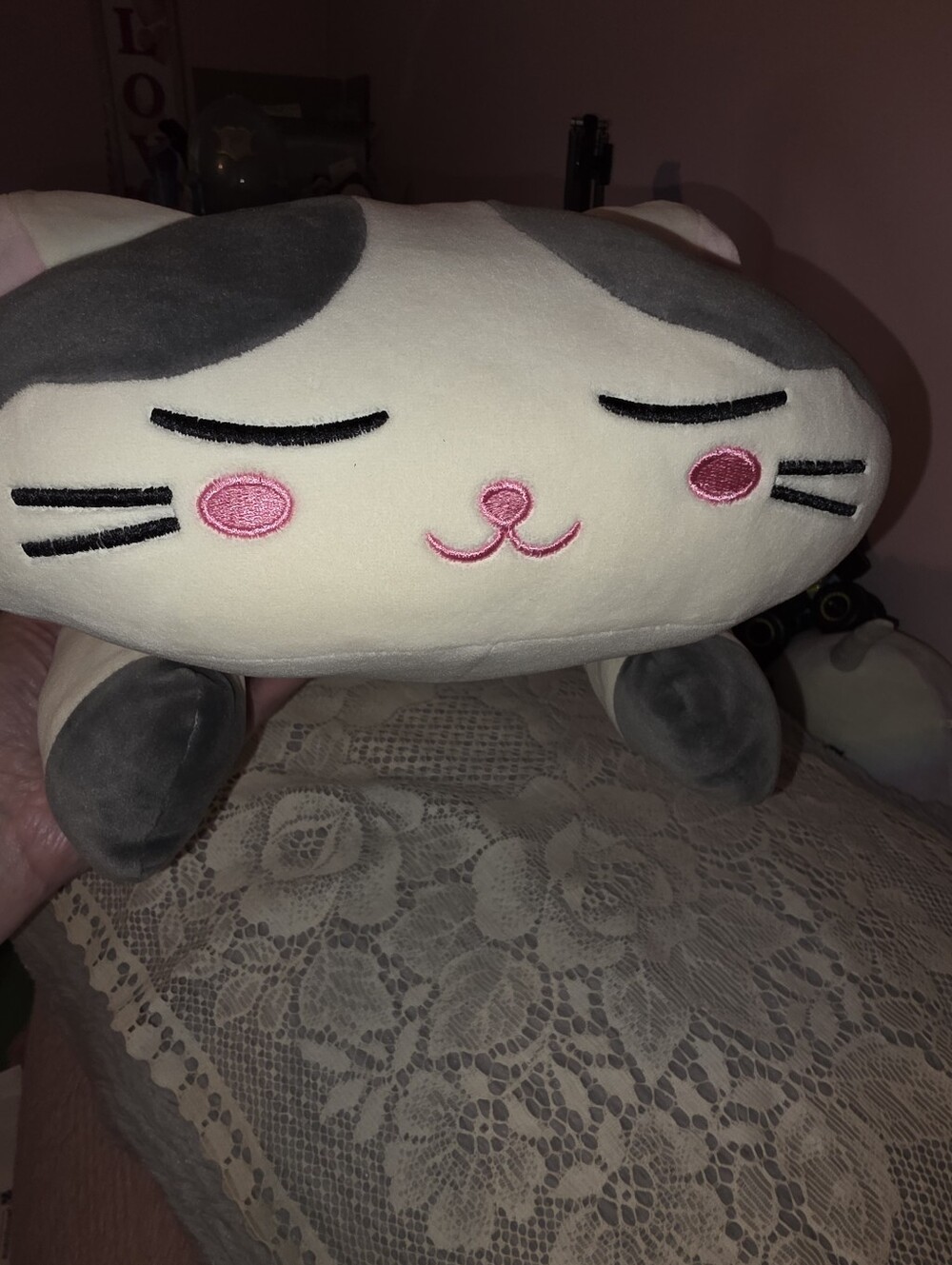 24 Inch Plush Cat Pillow - Cream & Gray Cute Nap Buddy